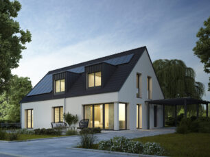 Modern house with metal roof and solar panels in the evening